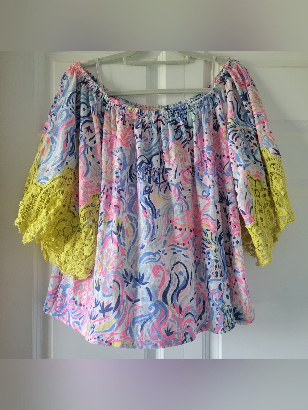 Lily Pulitzer Zayleee Off The Shoulder Top Size Large Cotton Blend Lace Sleeves
